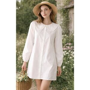NWT J.Crew White Ruffle Collar Button Shirt Dress Cotton Long Sleeve Preppy